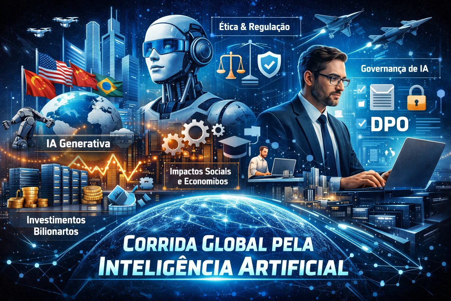 Imagem futurista, em formato horizontal, que engloba o artigo científico sobre A Corrida Global pela Inteligência Artificial