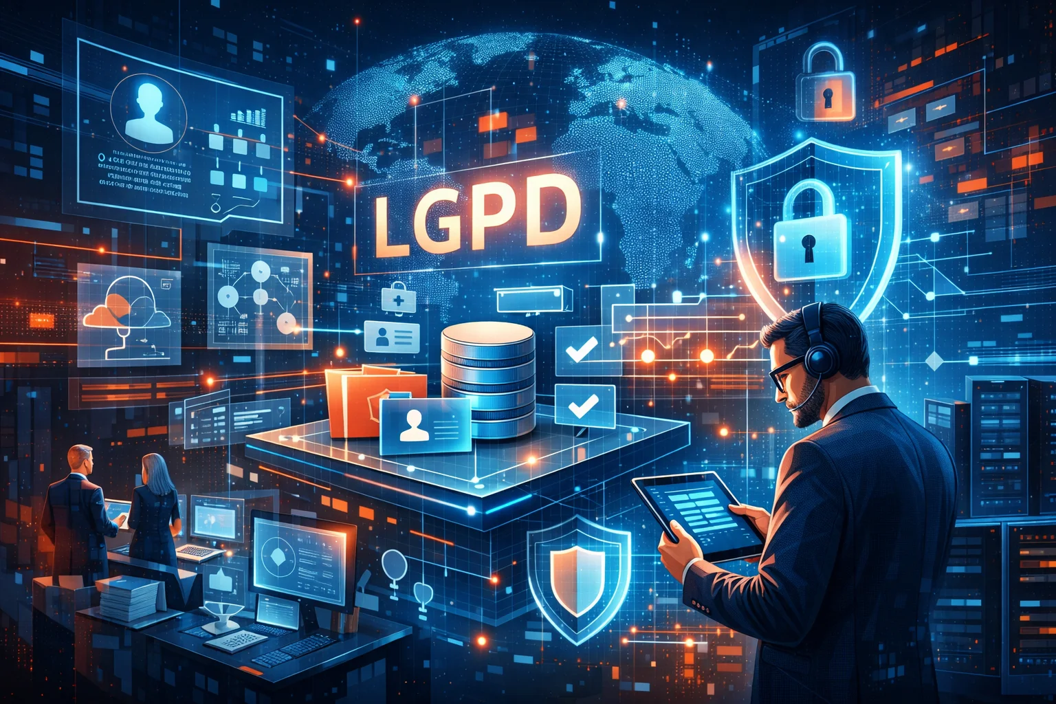 Ilustração futurista representando a proteção de dados pessoais e a LGPD, com um profissional analisando informações em um tablet enquanto painéis digitais exibem fluxos de dados, gráficos e conexões entre sistemas, ao redor de um escudo de segurança com cadeado e a sigla LGPD em destaque sobre um fundo tecnológico com rede global de dados.