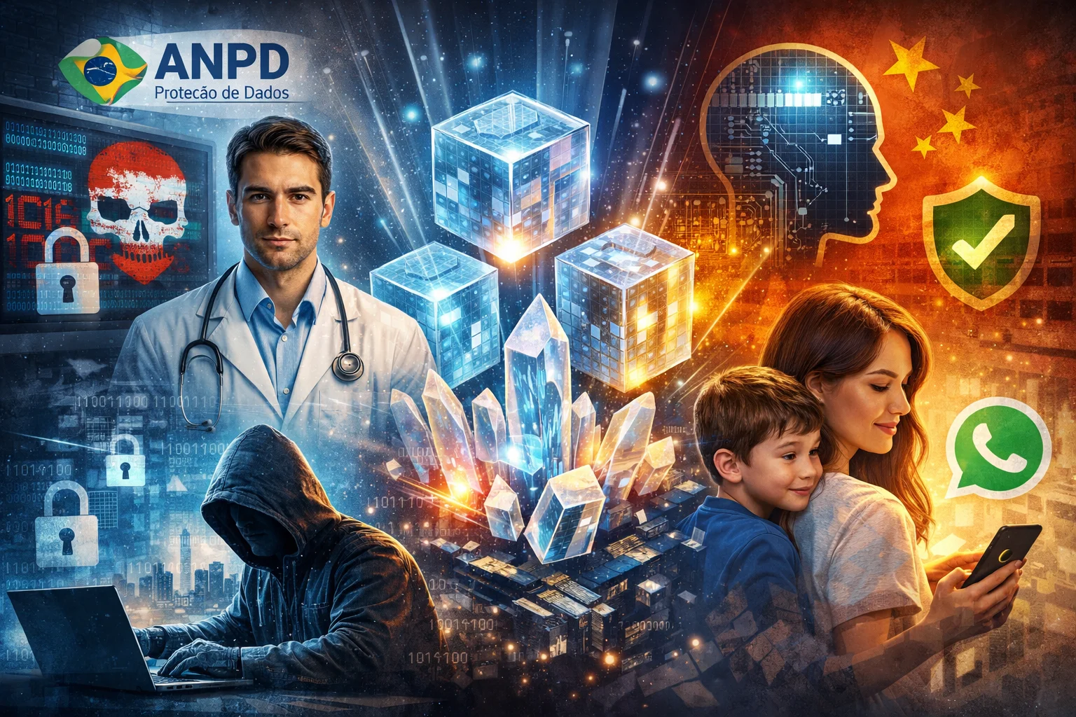 A imagem apresenta uma composição futurista que reúne os principais temas das notícias da semana relacionados à proteção de dados, segurança cibernética, inovação tecnológica e proteção de crianças no ambiente digital.