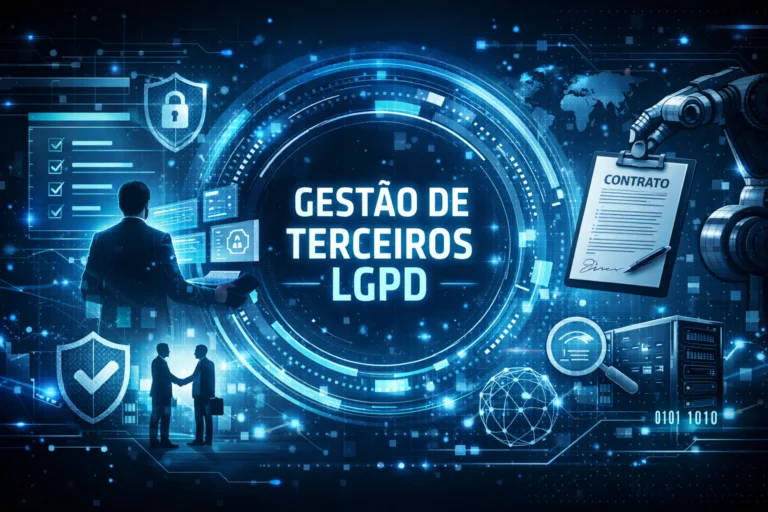 Ilustração futurista em formato horizontal representando gestão de terceiros na LGPD, com elementos digitais em tons de azul, incluindo um profissional analisando dados em telas holográficas, ícones de segurança e privacidade, duas pessoas fechando parceria e um braço robótico segurando um contrato, simbolizando tecnologia, governança e proteção de dados.