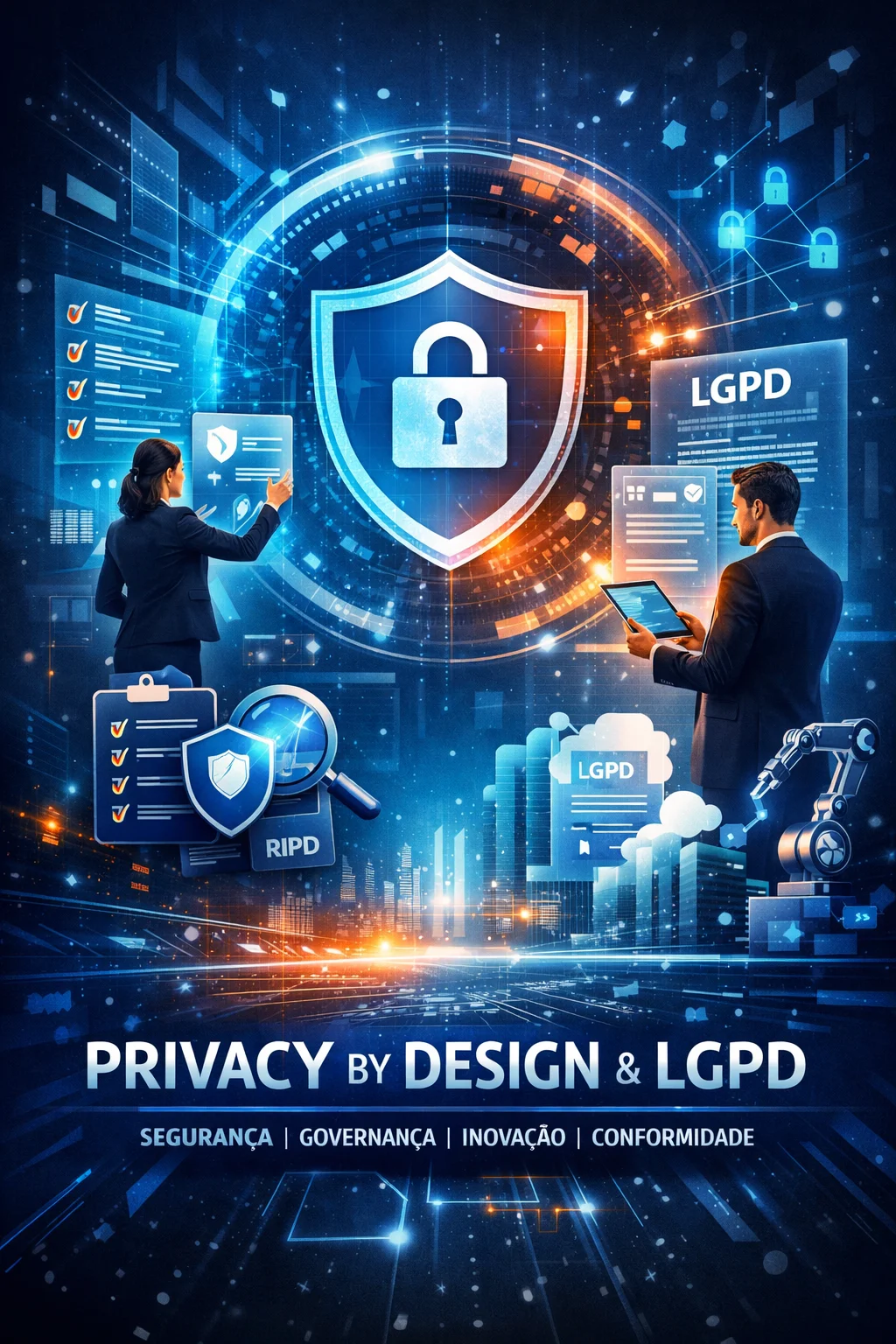 Ilustração futurista representando privacy by design e LGPD, com um escudo digital com cadeado no centro simbolizando proteção de dados, cercado por interfaces holográficas, profissionais interagindo com tecnologia, elementos de governança, segurança da informação e inovação em um ambiente digital avançado.