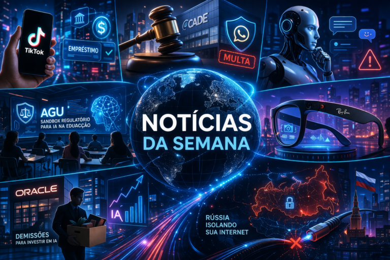 Imagem horizontal com estética futurista e tecnológica. No centro, um globo digital iluminado em tons de azul representa o mundo conectado, com o título “Notícias da Semana”. Ao redor, elementos visuais simbolizam os principais temas: um smartphone com referência ao TikTok e serviços financeiros, um martelo de juiz representando decisões regulatórias, um robô indicando o uso e riscos da inteligência artificial, uma sala de aula digital conectada à IA, óculos inteligentes da Meta, um profissional com caixa simbolizando demissões na Oracle e um mapa da Rússia destacado em vermelho, indicando isolamento digital. A cena é envolvida por uma cidade futurista com luzes neon, reforçando o contexto de tecnologia, inovação e segurança da informação.