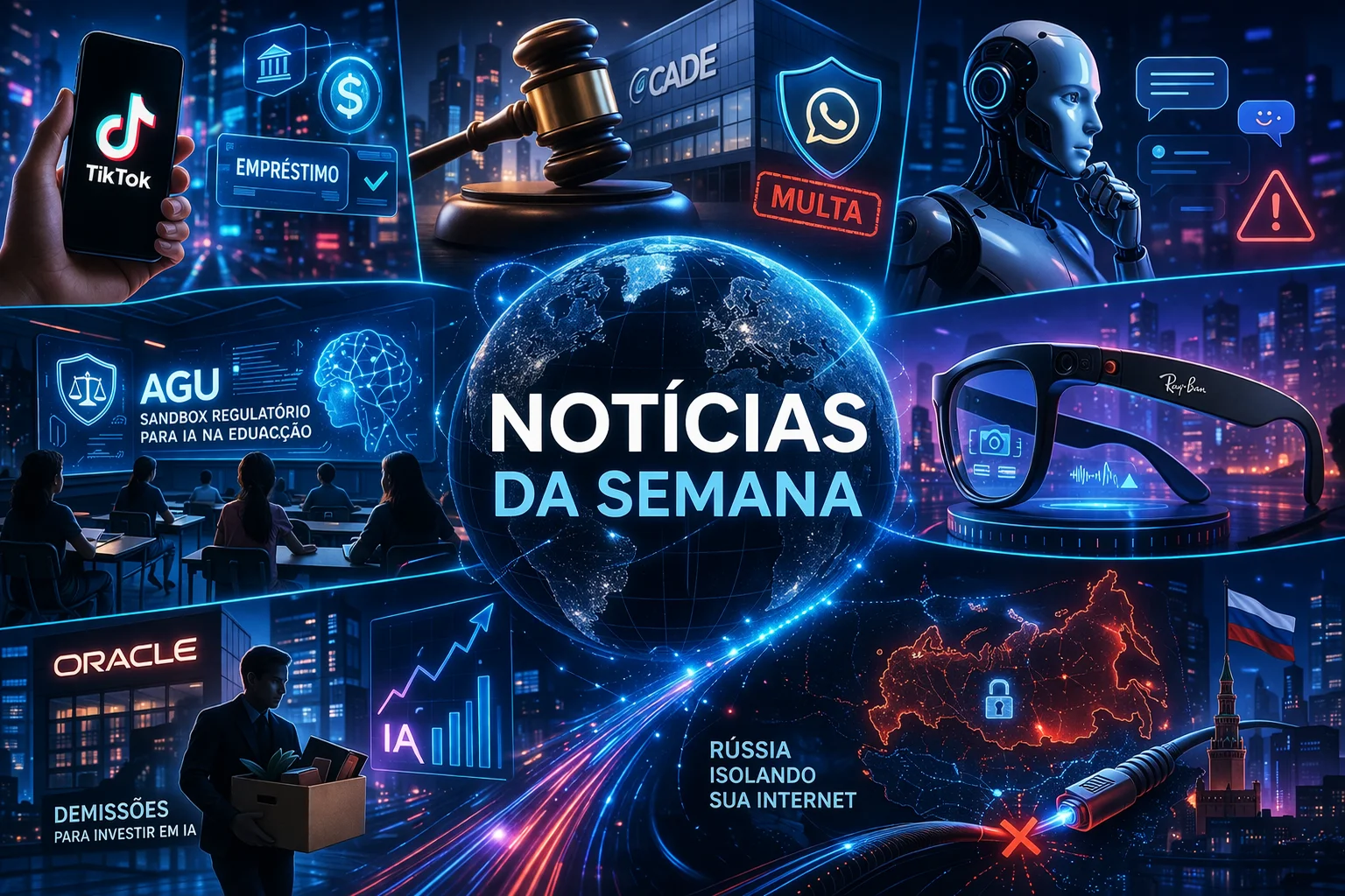 Imagem horizontal com estética futurista e tecnológica. No centro, um globo digital iluminado em tons de azul representa o mundo conectado, com o título “Notícias da Semana”. Ao redor, elementos visuais simbolizam os principais temas: um smartphone com referência ao TikTok e serviços financeiros, um martelo de juiz representando decisões regulatórias, um robô indicando o uso e riscos da inteligência artificial, uma sala de aula digital conectada à IA, óculos inteligentes da Meta, um profissional com caixa simbolizando demissões na Oracle e um mapa da Rússia destacado em vermelho, indicando isolamento digital. A cena é envolvida por uma cidade futurista com luzes neon, reforçando o contexto de tecnologia, inovação e segurança da informação.
