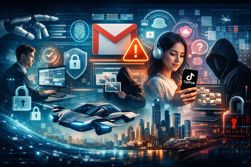 Imagem futurista em formato horizontal que reúne diferentes temas tecnológicos: um profissional trabalhando diante de telas com dados digitais, uma mão robótica simbolizando a inteligência artificial, ícones de segurança e cadeados representando proteção de dados, um grande símbolo de e-mail ao centro indicando mudanças no Gmail, uma pessoa utilizando o TikTok em um smartphone relacionada à saúde mental, um indivíduo encapuzado sugerindo riscos à privacidade e, ao fundo, uma cidade moderna com um carro voador, representando inovação e mobilidade do futuro.