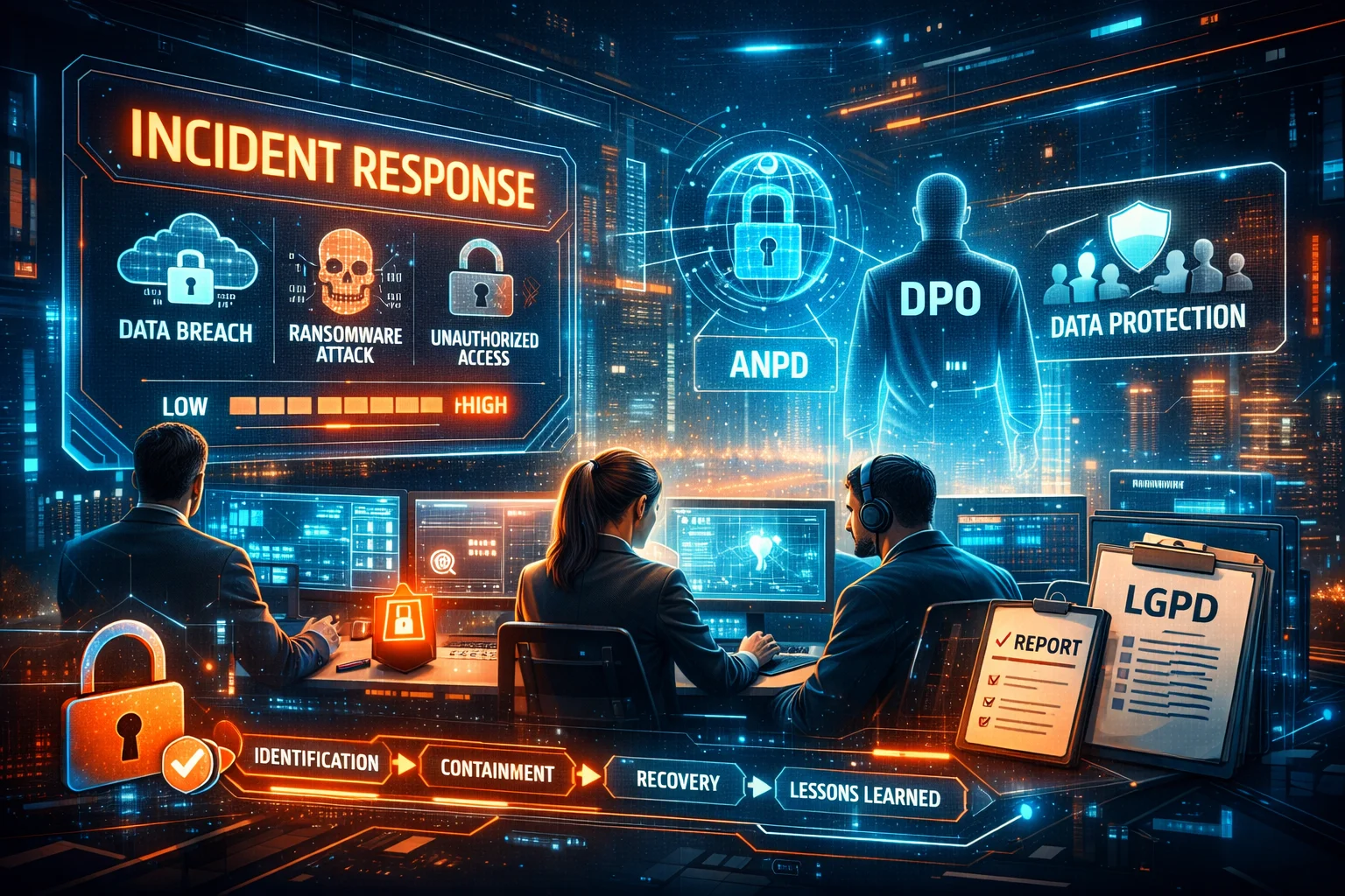 Ilustração futurista em formato horizontal de um centro de operações de segurança, onde profissionais monitoram incidentes cibernéticos em múltiplas telas holográficas. No ambiente digital, aparecem elementos como “incident response”, “data breach”, “ransomware attack” e “unauthorized access”, além de representações da LGPD, ANPD e do DPO. A cena transmite alta tecnologia, vigilância contínua e gestão estratégica de incidentes envolvendo dados pessoais.