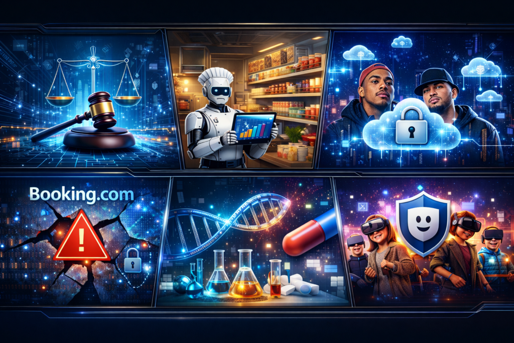 Uma colagem digital futurista em formato horizontal, dividida em seis painéis integrados por um design tecnológico com tons de azul e neon. À esquerda, um martelo de juiz e uma balança sobre uma superfície de circuito simbolizam justiça e ética digital. Ao lado, um robô em uma cozinha moderna analisa dados em um tablet, representando o uso de IA em restaurantes. No centro-direita, duas figuras humanas aparecem ao fundo de uma nuvem com cadeado, sugerindo dados armazenados e investigações digitais. Na parte inferior esquerda, um mapa digital rachado com um ícone de alerta indica um incidente de segurança cibernética. Ao centro inferior, elementos científicos como DNA, frascos de laboratório e uma cápsula ilustram inovação na área farmacêutica. À direita, crianças usando óculos de realidade virtual aparecem protegidas por um escudo digital, simbolizando segurança online para menores. O conjunto tem estética high-tech, com luzes brilhantes e efeitos holográficos.