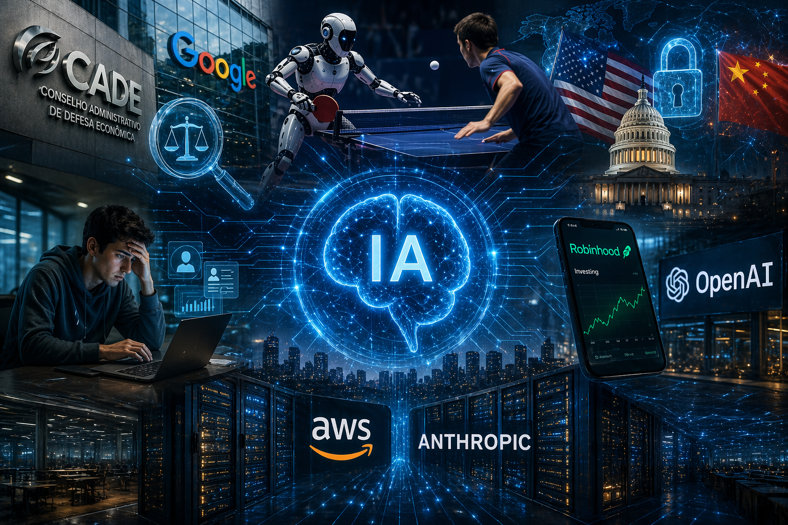 Imagem horizontal futurista e realista que reúne diferentes elementos relacionados à inteligência artificial: no centro, um cérebro digital luminoso representando a IA, conectado por circuitos a diversos cenários. À esquerda, um prédio institucional com referência ao Cade e ao Google, simbolizando regulação tecnológica; abaixo, um jovem trabalhando em um laptop com expressão preocupada, representando o impacto no emprego. No topo central, um robô joga tênis de mesa contra um humano, ilustrando avanços da robótica. À direita, aparecem símbolos dos Estados Unidos e da China com elementos de segurança digital, indicando tensões geopolíticas. Mais abaixo, um smartphone com gráfico financeiro ligado à Robinhood e ao logotipo da OpenAI, representando investimentos em IA. Na base, servidores e data centers com logos da AWS e Anthropic reforçam a infraestrutura tecnológica. O cenário é envolto em tons de azul neon, com estética cyberpunk e atmosfera de alta tecnologia.Imagem horizontal futurista e realista que reúne diferentes elementos relacionados à inteligência artificial: no centro, um cérebro digital luminoso representando a IA, conectado por circuitos a diversos cenários. À esquerda, um prédio institucional com referência ao Cade e ao Google, simbolizando regulação tecnológica; abaixo, um jovem trabalhando em um laptop com expressão preocupada, representando o impacto no emprego. No topo central, um robô joga tênis de mesa contra um humano, ilustrando avanços da robótica. À direita, aparecem símbolos dos Estados Unidos e da China com elementos de segurança digital, indicando tensões geopolíticas. Mais abaixo, um smartphone com gráfico financeiro ligado à Robinhood e ao logotipo da OpenAI, representando investimentos em IA. Na base, servidores e data centers com logos da AWS e Anthropic reforçam a infraestrutura tecnológica. O cenário é envolto em tons de azul neon, com estética cyberpunk e atmosfera de alta tecnologia.