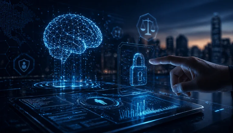 Imagem futurista em formato horizontal mostrando um ambiente tecnológico avançado: um cérebro digital holográfico representando inteligência artificial flutua sobre uma interface interativa, enquanto uma mão humana toca um painel com ícone de cadeado, simbolizando segurança e proteção de dados. Ao fundo, uma cidade moderna desfocada com iluminação azul cria uma atmosfera high-tech, com elementos visuais que remetem à privacidade, governança e uso responsável da tecnologia.