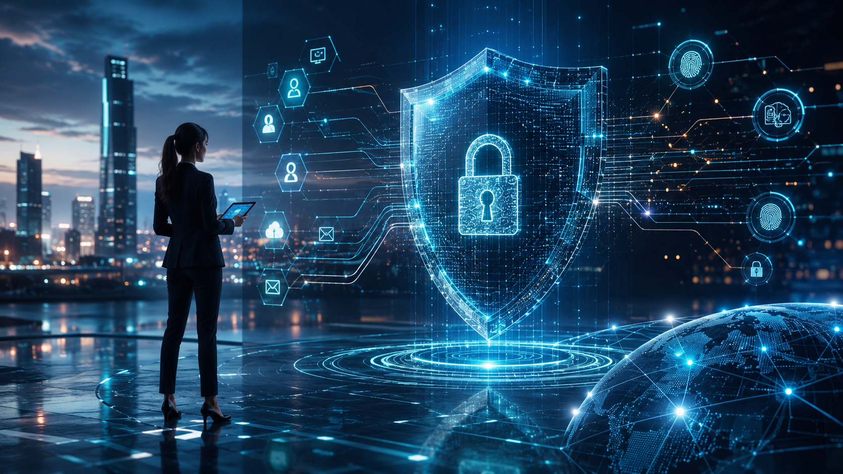 Imagem futurista e realista representando privacidade, proteção de dados e cibersegurança em 2026, com elementos digitais avançados, inteligência artificial, hologramas de segurança e conexão global em ambiente tecnológico corporativo.