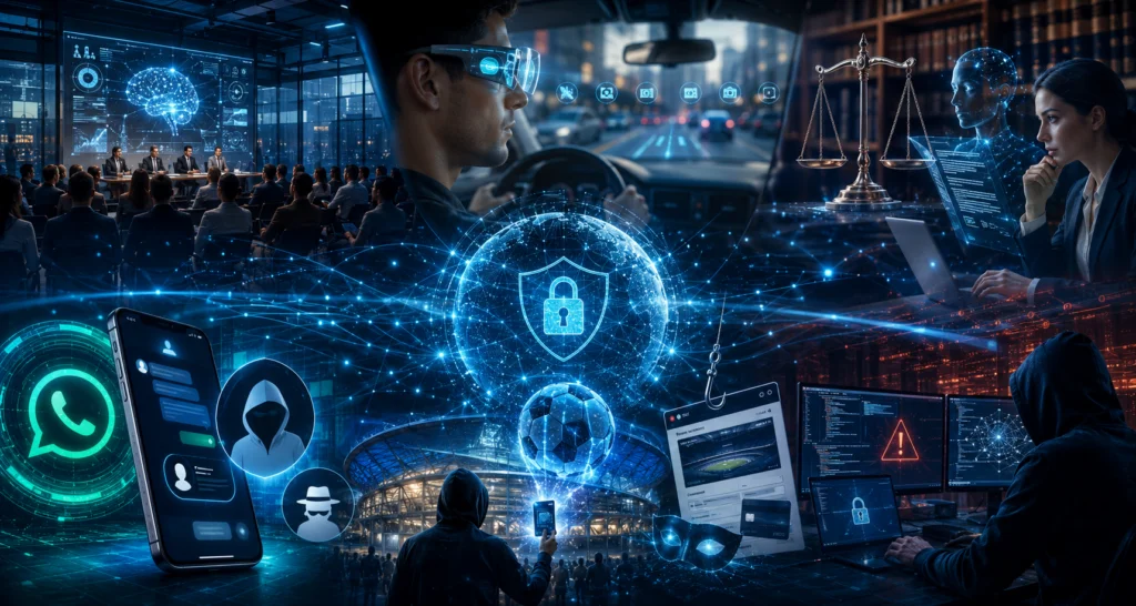 Uma composição futurista em formato horizontal reúne diversos elementos ligados à inteligência artificial, privacidade digital e cibersegurança. No centro da imagem, um globo holográfico azul com símbolo de cadeado representa proteção de dados e conexão global. Ao redor, aparecem cenas integradas de um congresso sobre IA, um motorista utilizando óculos inteligentes, especialistas analisando sistemas automatizados, telas com códigos e alertas de segurança, além de hackers operando em ambientes escuros. Também há referências visuais ao WhatsApp, golpes digitais relacionados à Copa do Mundo e monitoramento tecnológico avançado. A imagem utiliza tons neon azuis e laranjas, iluminação cyberpunk e efeitos holográficos que reforçam a atmosfera tecnológica e futurista.