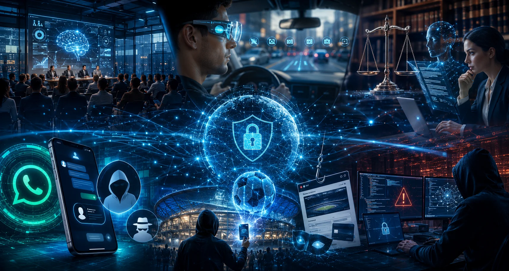 Uma composição futurista em formato horizontal reúne diversos elementos ligados à inteligência artificial, privacidade digital e cibersegurança. No centro da imagem, um globo holográfico azul com símbolo de cadeado representa proteção de dados e conexão global. Ao redor, aparecem cenas integradas de um congresso sobre IA, um motorista utilizando óculos inteligentes, especialistas analisando sistemas automatizados, telas com códigos e alertas de segurança, além de hackers operando em ambientes escuros. Também há referências visuais ao WhatsApp, golpes digitais relacionados à Copa do Mundo e monitoramento tecnológico avançado. A imagem utiliza tons neon azuis e laranjas, iluminação cyberpunk e efeitos holográficos que reforçam a atmosfera tecnológica e futurista.