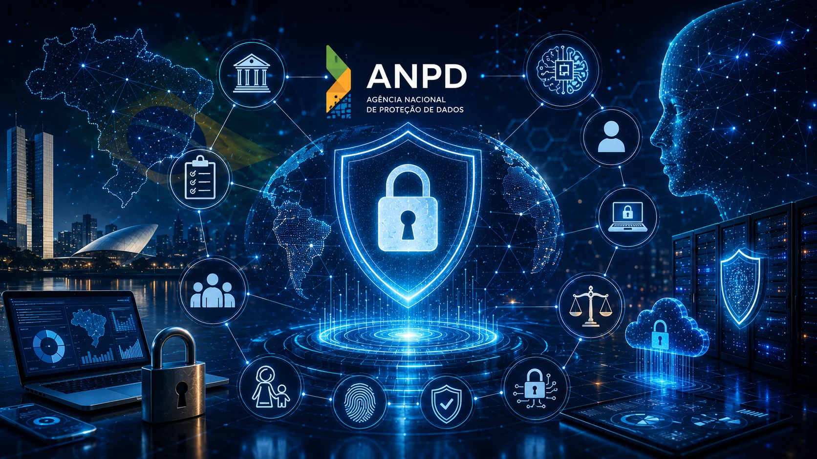 Imagem futurista representando proteção de dados, LGPD, inteligência artificial e segurança digital no Brasil, com elementos tecnológicos, escudo de cibersegurança, governança de dados e referência à ANPD em ambiente digital inovador.