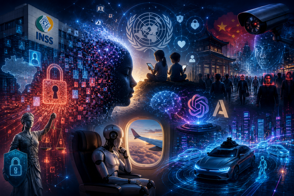 Ilustração futurista em formato horizontal que reúne diversos temas relacionados à tecnologia, privacidade e inteligência artificial.
