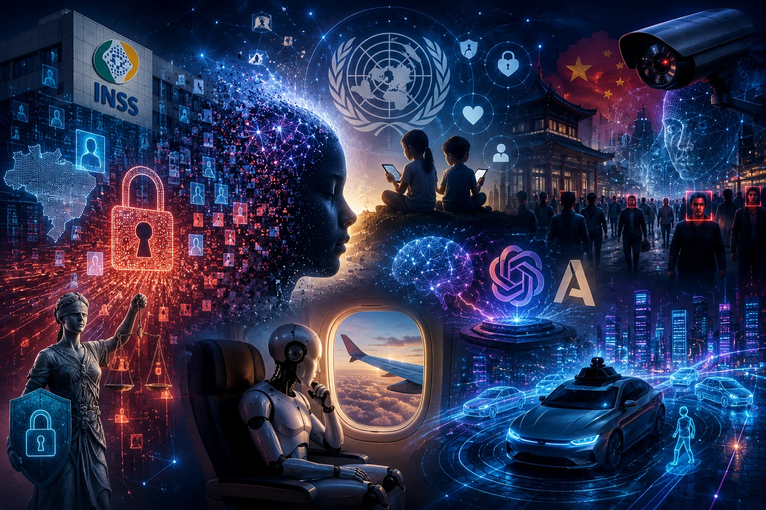 Ilustração futurista em formato horizontal que reúne diversos temas relacionados à tecnologia, privacidade e inteligência artificial.