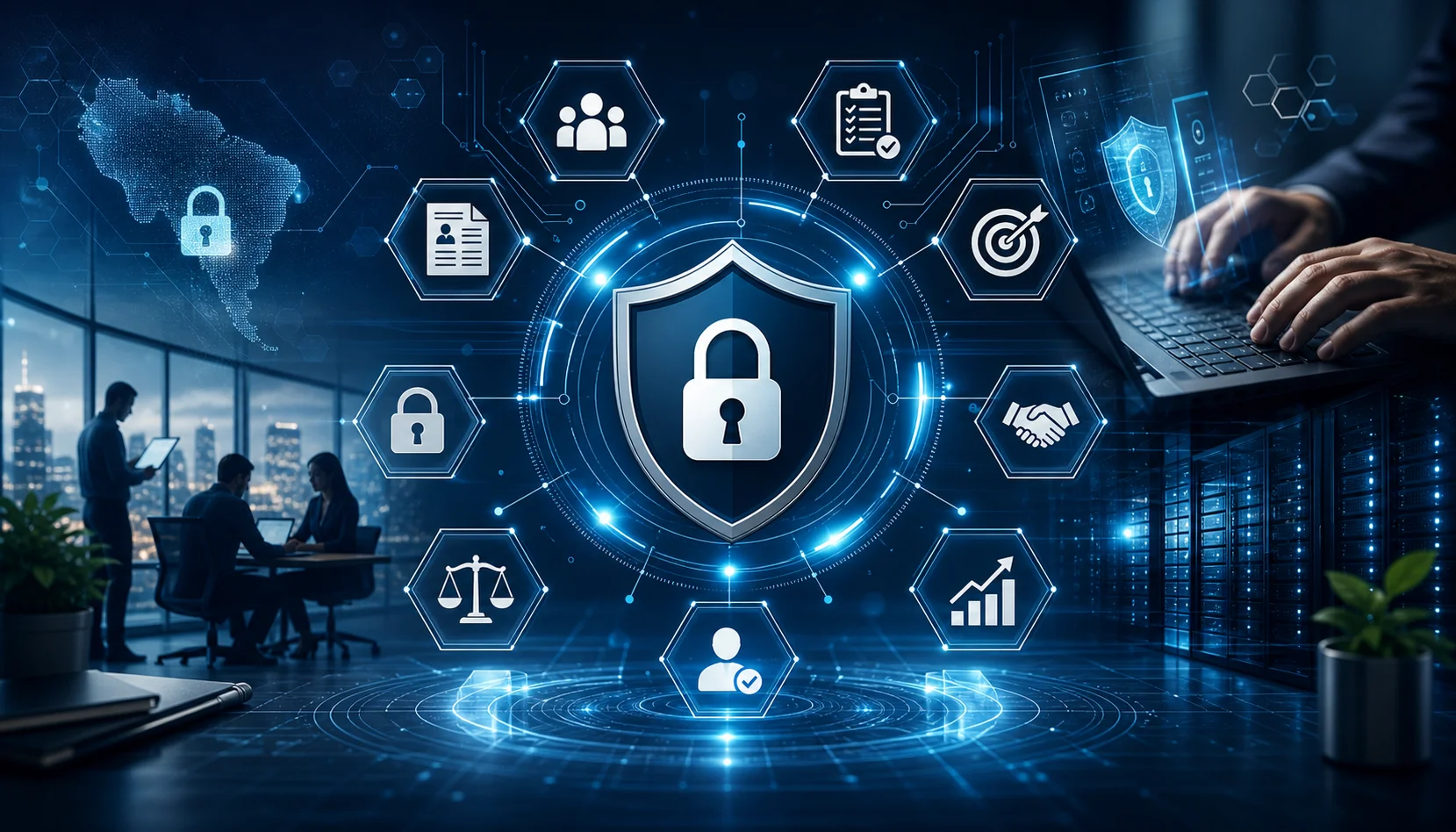 Imagem horizontal com estética futurista em tons de azul, representando segurança da informação e proteção de dados. No centro, há um escudo digital com um cadeado, simbolizando segurança e privacidade. Ao redor, elementos gráficos como ícones tecnológicos, conexões em rede e circuitos digitais indicam fluxo de dados e integração de sistemas. Ao fundo, aparecem ambientes corporativos modernos e servidores, reforçando o contexto empresarial e tecnológico, sem presença de textos.