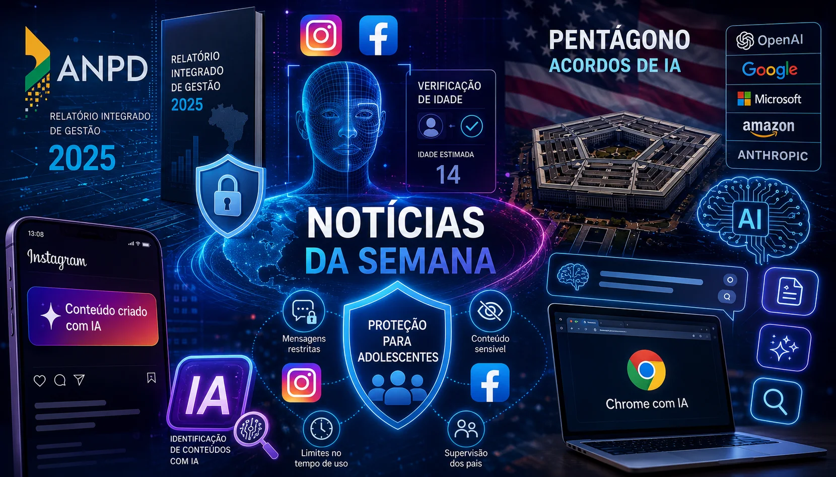 Ilustração digital futurista em tons neon azul e roxo reunindo elementos visuais sobre tecnologia, inteligência artificial e segurança digital. No centro, o título “Notícias da Semana” aparece sobre um globo digital iluminado. Ao redor, há referências visuais às reportagens: logotipos do Instagram e Facebook, um rosto digital representando verificação de idade por IA, um relatório da ANPD sobre proteção de dados, o prédio do Pentágono associado a acordos de inteligência artificial, ícones de proteção para adolescentes, uma tela do Chrome com IA integrada e símbolos de conteúdo criado por inteligência artificial. O design apresenta estética cyberpunk, efeitos luminosos e composição integrada em formato de painel tecnológico.