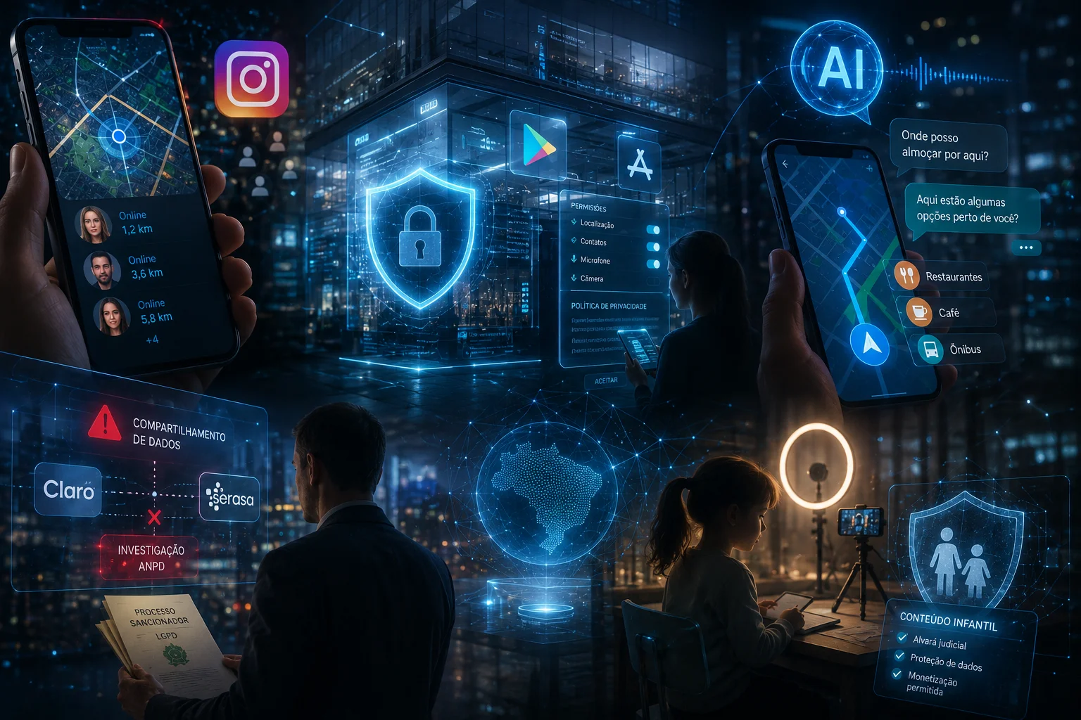 **Metadescrição (SEO/Alt Text):** Ilustração futurista e realista sobre privacidade e proteção de dados no Brasil, mostrando aplicativos de geolocalização, inteligência artificial, monitoramento de plataformas digitais, compartilhamento de dados pessoais e proteção de crianças na internet, em um ambiente urbano tecnológico com hologramas e elementos de cibersegurança.