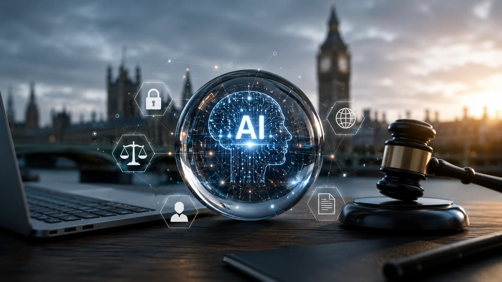 Imagem horizontal em estilo realista e corporativo representando governança de inteligência artificial e regulação digital. Em primeiro plano, uma esfera tecnológica transparente exibe uma representação holográfica de um cérebro digital conectado por circuitos luminosos. Ao redor da esfera, ícones relacionados à privacidade, proteção de dados, conformidade regulatória e documentos digitais aparecem integrados a uma rede de conexões. À direita, um martelo de juiz simboliza a supervisão regulatória e a responsabilidade jurídica. À esquerda, um notebook representa o ambiente tecnológico e corporativo. Ao fundo, a silhueta desfocada do Parlamento Britânico e do Big Ben remete ao Reino Unido, reforçando o contexto de regulação de plataformas digitais e inteligência artificial. A composição transmite conceitos de transparência algorítmica, governança de IA, proteção de dados e conformidade regulatória.