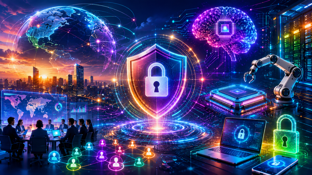 Ilustração futurista em formato horizontal representando a convergência entre inteligência artificial, proteção de dados, cibersegurança e governança digital. A imagem apresenta um ecossistema tecnológico vibrante, com chips de IA, redes globais, infraestrutura digital, centros de dados e elementos holográficos em tons de azul, roxo, magenta, verde e laranja, simbolizando a inovação, a conectividade e os desafios da segurança da informação na era da inteligência artificial.
