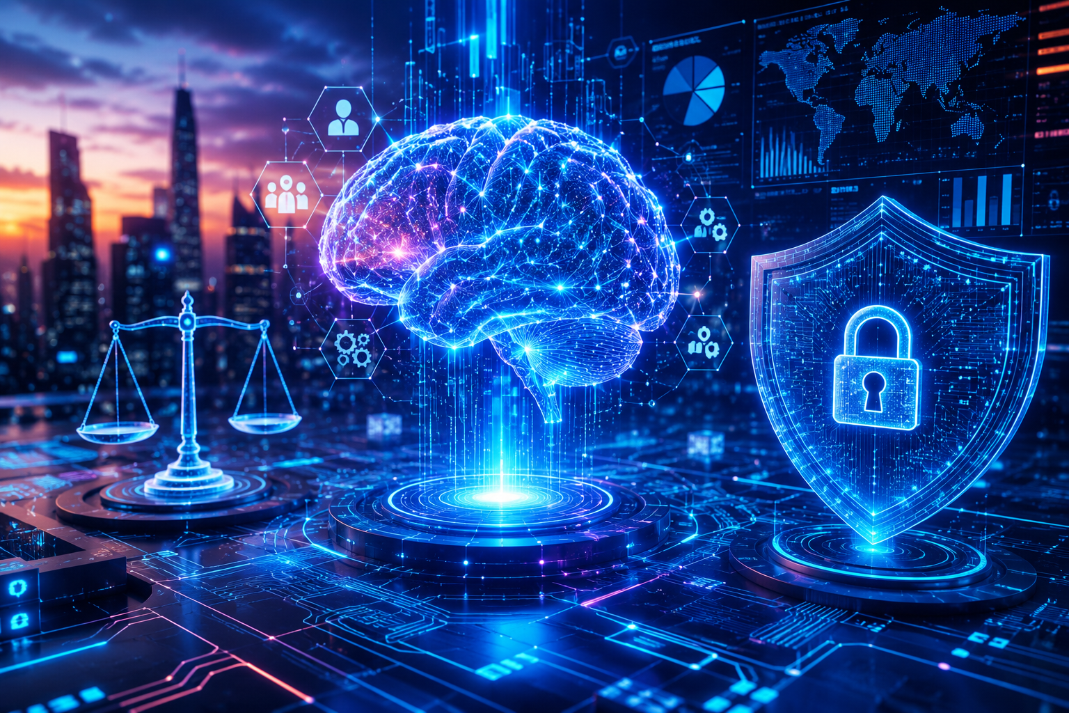 Representação futurista da inteligência artificial integrada à proteção de dados, segurança da informação e governança digital. A imagem apresenta uma rede neural avançada conectada a elementos de cibersegurança, fluxos de dados e tecnologias emergentes, simbolizando os desafios e oportunidades da IA em um ambiente corporativo cada vez mais digital, regulado e orientado por dados.