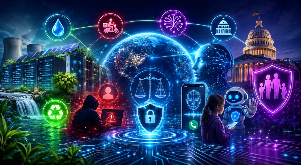 **Metadescrição (texto alternativo):** Ilustração futurista em formato horizontal representando o ecossistema global de tecnologia, privacidade e inteligência artificial. A imagem combina data centers sustentáveis cercados por água e vegetação, um planeta conectado por redes digitais, elementos de segurança cibernética, proteção de dados, governança regulatória, inteligência artificial avançada, detecção de fraudes por voz, proteção de crianças e adolescentes no ambiente digital e monitoramento de ameaças virtuais. O cenário utiliza cores vibrantes em tons de azul, roxo, verde e neon, transmitindo inovação, conectividade, sustentabilidade e segurança na era digital.