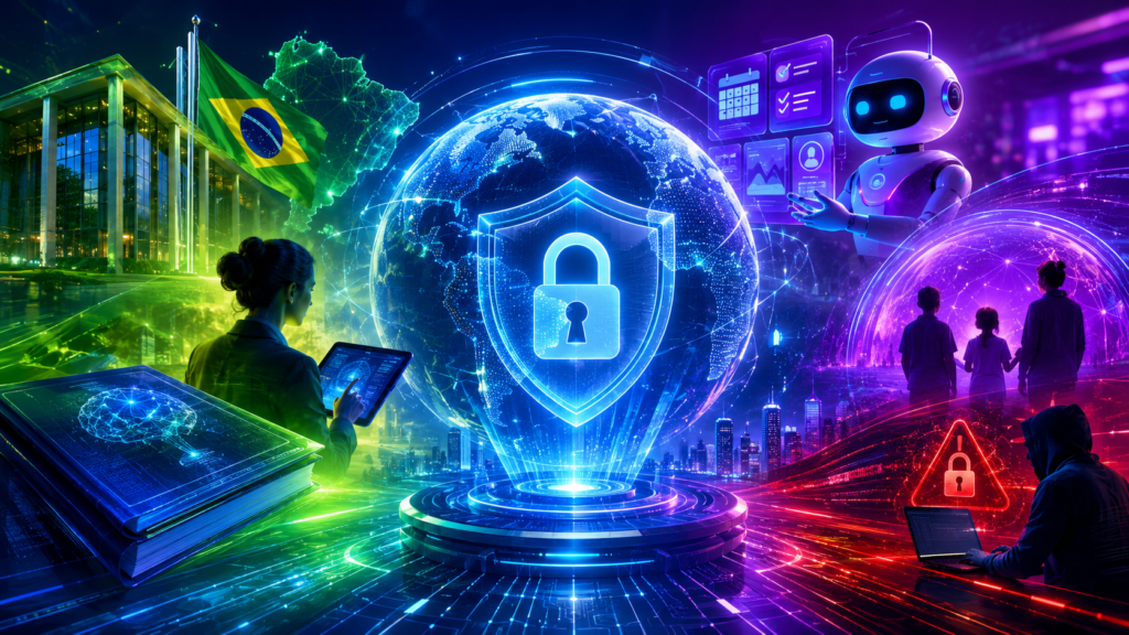 Ilustração futurista em formato horizontal que representa a convergência entre inteligência artificial, proteção de dados, governança digital e regulação tecnológica. A composição reúne um globo digital protegido por um escudo holográfico, um assistente de IA, elementos que remetem à atuação da ANPD, crianças simbolizando a proteção de menores no ambiente digital e ícones de segurança cibernética, tudo envolvido por uma cidade tecnológica iluminada em tons vibrantes de azul, roxo, verde e vermelho, transmitindo inovação, conectividade e proteção da informação.
