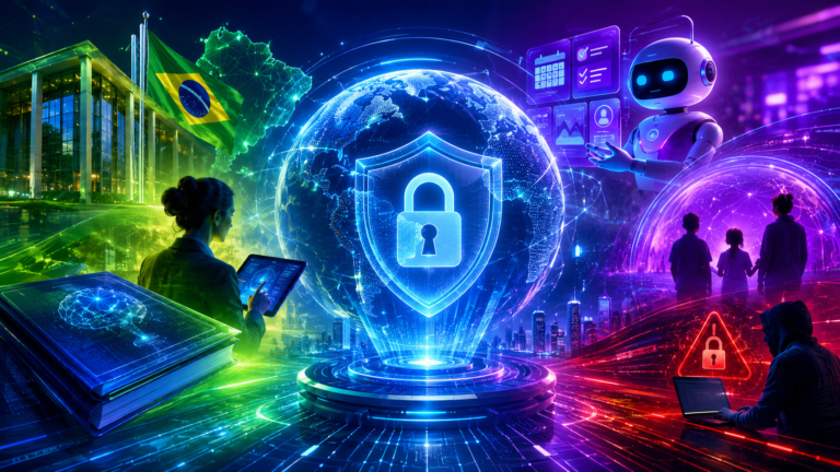 Ilustração futurista em formato horizontal que representa a convergência entre inteligência artificial, proteção de dados, governança digital e regulação tecnológica. A composição reúne um globo digital protegido por um escudo holográfico, um assistente de IA, elementos que remetem à atuação da ANPD, crianças simbolizando a proteção de menores no ambiente digital e ícones de segurança cibernética, tudo envolvido por uma cidade tecnológica iluminada em tons vibrantes de azul, roxo, verde e vermelho, transmitindo inovação, conectividade e proteção da informação.