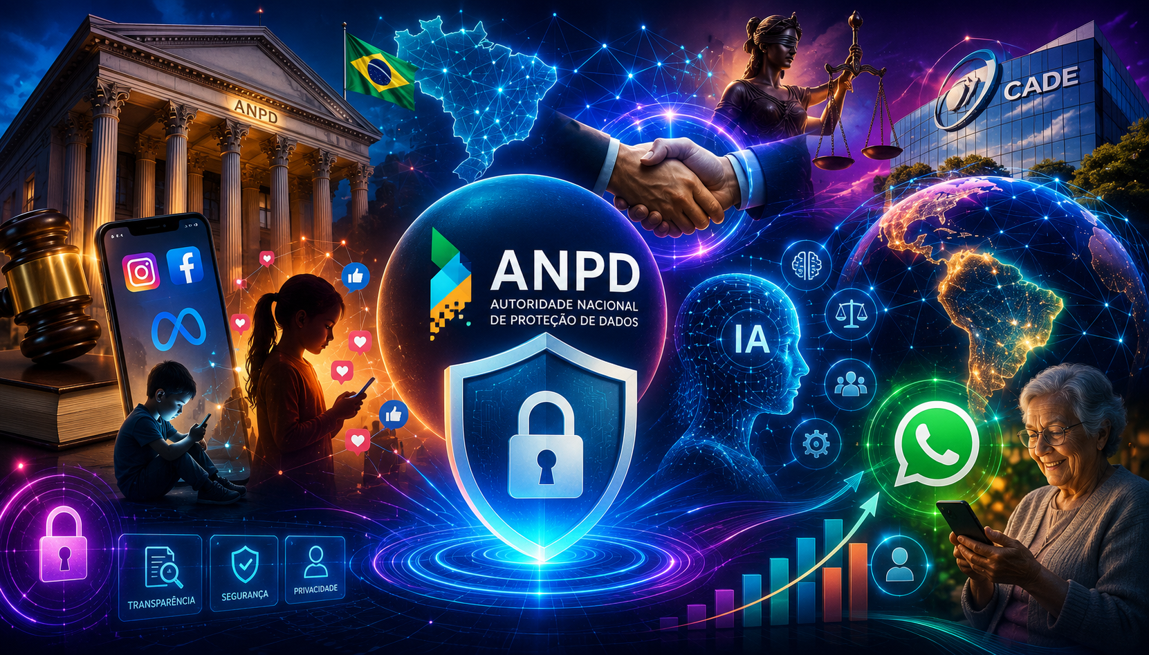 Ilustração futurista em formato horizontal representando o cenário da privacidade e proteção de dados no Brasil. A imagem reúne elementos de inteligência artificial, segurança da informação, comunicação digital, WhatsApp, governança, inclusão digital, regulação e a Autoridade Nacional de Proteção de Dados (ANPD), com cores vibrantes, efeitos tecnológicos e uma composição moderna que simboliza a evolução da economia digital e dos desafios da proteção de dados.