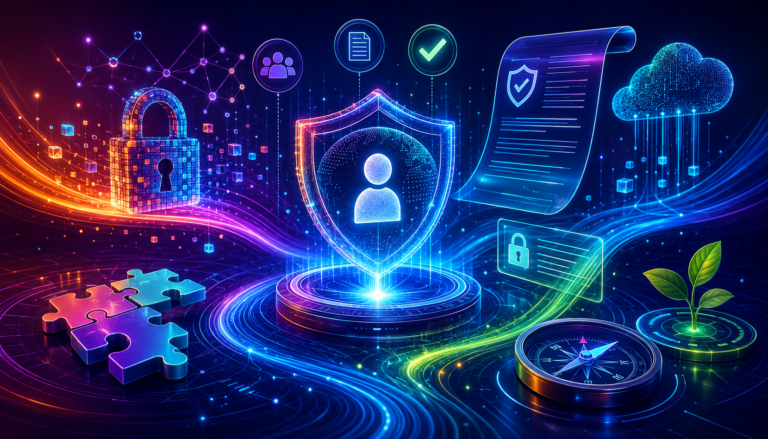Ilustração futurista em formato horizontal representando a governança em privacidade e proteção de dados. No centro, um escudo holográfico envolve o ícone de um usuário, simbolizando a proteção das informações pessoais. Ao redor, elementos digitais como cadeado, documento de política, ícones de conformidade, nuvem, conexões de dados, peças de quebra-cabeça, bússola e fluxos luminosos em tons vibrantes de azul, roxo, verde e laranja representam transparência, governança, segurança da informação, gestão de dados e conformidade com a LGPD, sem a presença de textos.
