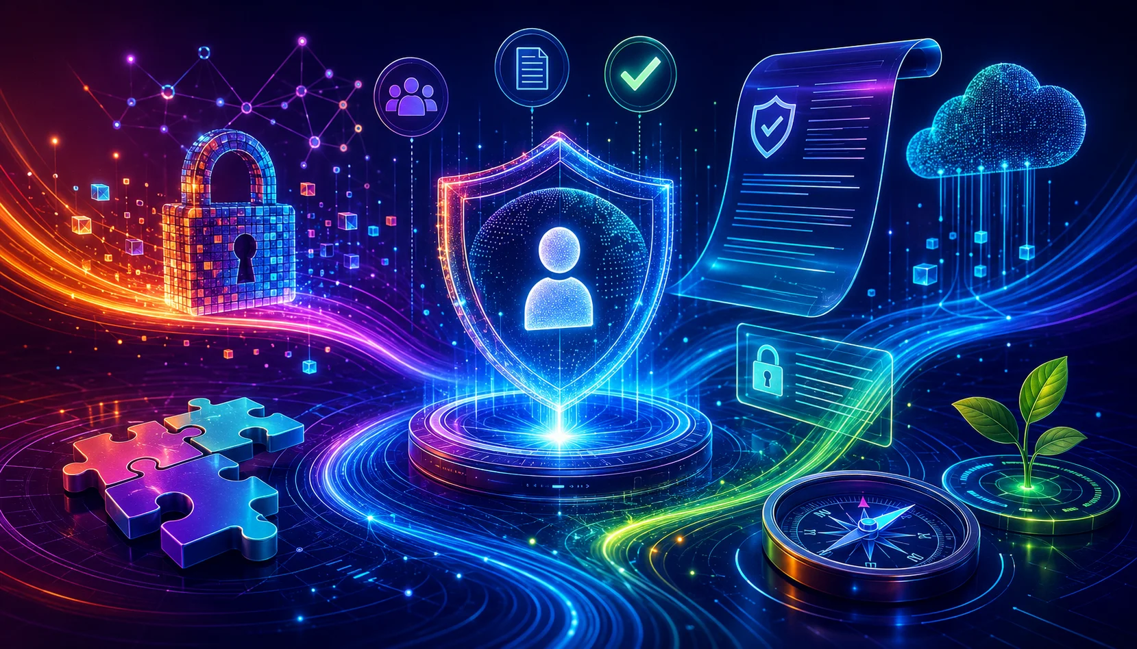 Ilustração futurista em formato horizontal representando a governança em privacidade e proteção de dados. No centro, um escudo holográfico envolve o ícone de um usuário, simbolizando a proteção das informações pessoais. Ao redor, elementos digitais como cadeado, documento de política, ícones de conformidade, nuvem, conexões de dados, peças de quebra-cabeça, bússola e fluxos luminosos em tons vibrantes de azul, roxo, verde e laranja representam transparência, governança, segurança da informação, gestão de dados e conformidade com a LGPD, sem a presença de textos.