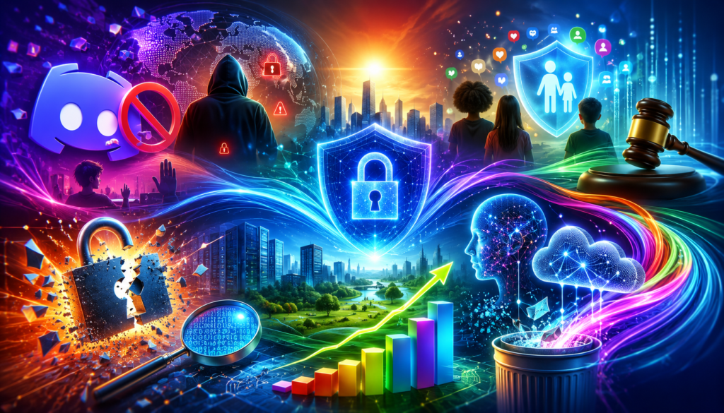 Ilustração futurista e colorida sobre as notícias da semana, reunindo símbolos de proteção de dados, inteligência artificial, cibersegurança e regulação digital. A imagem apresenta um escudo com cadeado ao centro, ataques hackers, proteção de crianças no ambiente digital, inteligência artificial, armazenamento em nuvem, exclusão de dados e gráficos de crescimento, representando os principais desafios e oportunidades da transformação digital.