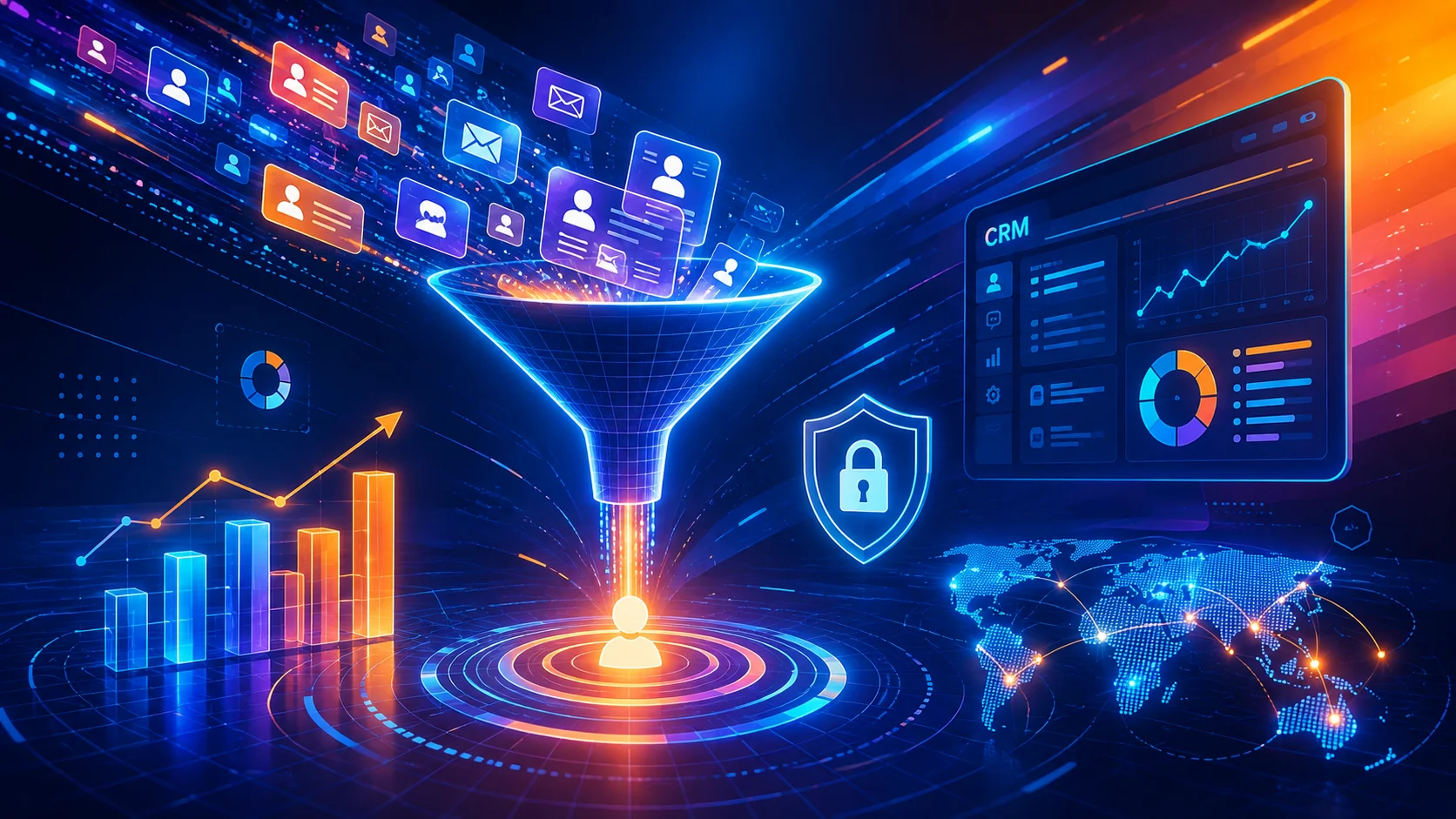 Ilustração futurista de uma operação comercial digital, com funil de vendas, CRM, gráficos de desempenho, dados de contatos, conexões e escudo de segurança, representando a integração entre vendas, tecnologia, privacidade e proteção de dados.