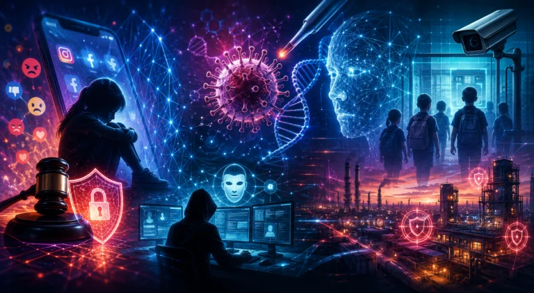 Ilustração futurista em formato horizontal que reúne elementos relacionados à privacidade, inteligência artificial e cibersegurança. À esquerda, uma criança aparece diante de uma grande tela de rede social, acompanhada de um martelo de juiz e um escudo digital, simbolizando responsabilização das plataformas e proteção de menores. No centro, um vírus estilizado, uma estrutura de DNA e um rosto formado por conexões digitais representam os avanços e desafios da inteligência artificial na biotecnologia. Na parte inferior, uma figura encapuzada diante de vários monitores remete às ameaças cibernéticas. À direita, câmeras de vigilância observam estudantes entrando em um ambiente escolar, enquanto ao fundo há um complexo industrial iluminado por ícones de segurança digital, representando o reconhecimento facial e a proteção de infraestruturas críticas. A composição utiliza tons de azul, roxo e magenta, com efeitos luminosos e uma estética tecnológica, sem qualquer texto.