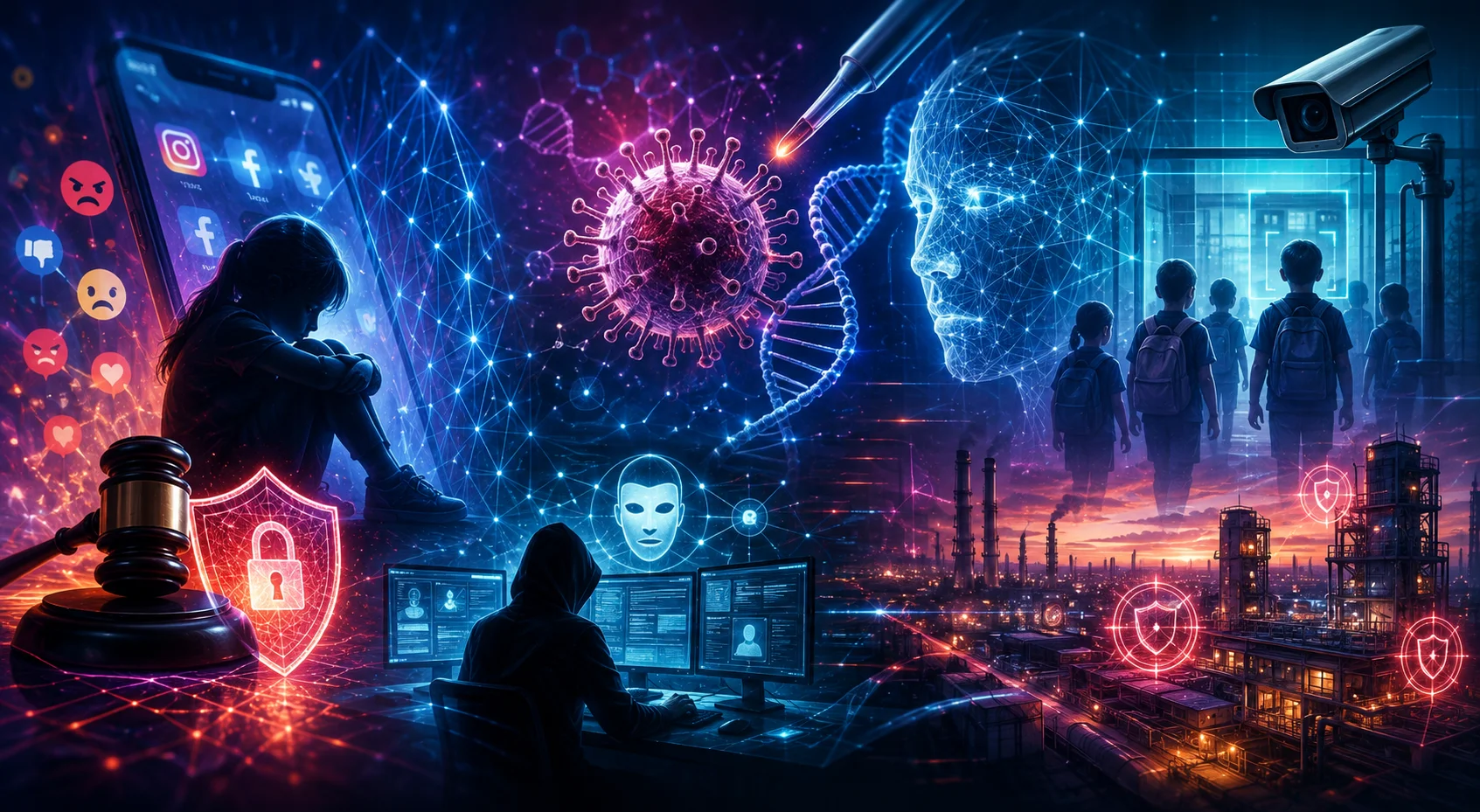 Ilustração futurista em formato horizontal que reúne elementos relacionados à privacidade, inteligência artificial e cibersegurança. À esquerda, uma criança aparece diante de uma grande tela de rede social, acompanhada de um martelo de juiz e um escudo digital, simbolizando responsabilização das plataformas e proteção de menores. No centro, um vírus estilizado, uma estrutura de DNA e um rosto formado por conexões digitais representam os avanços e desafios da inteligência artificial na biotecnologia. Na parte inferior, uma figura encapuzada diante de vários monitores remete às ameaças cibernéticas. À direita, câmeras de vigilância observam estudantes entrando em um ambiente escolar, enquanto ao fundo há um complexo industrial iluminado por ícones de segurança digital, representando o reconhecimento facial e a proteção de infraestruturas críticas. A composição utiliza tons de azul, roxo e magenta, com efeitos luminosos e uma estética tecnológica, sem qualquer texto.