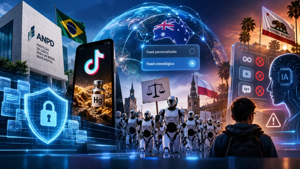 Imagem futurista representa os principais temas da semana em privacidade e tecnologia, conectando fiscalização da ANPD, responsabilidade das plataformas digitais, transparência algorítmica, inteligência artificial, automação e proteção de crianças e adolescentes no ambiente digital.