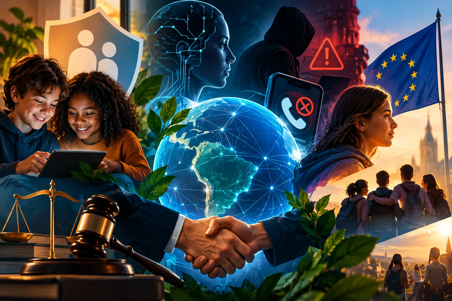 Ilustração futurista sobre proteção de dados, inteligência artificial e segurança digital, destacando a proteção de crianças, combate a fraudes, regulação e governança tecnológica.