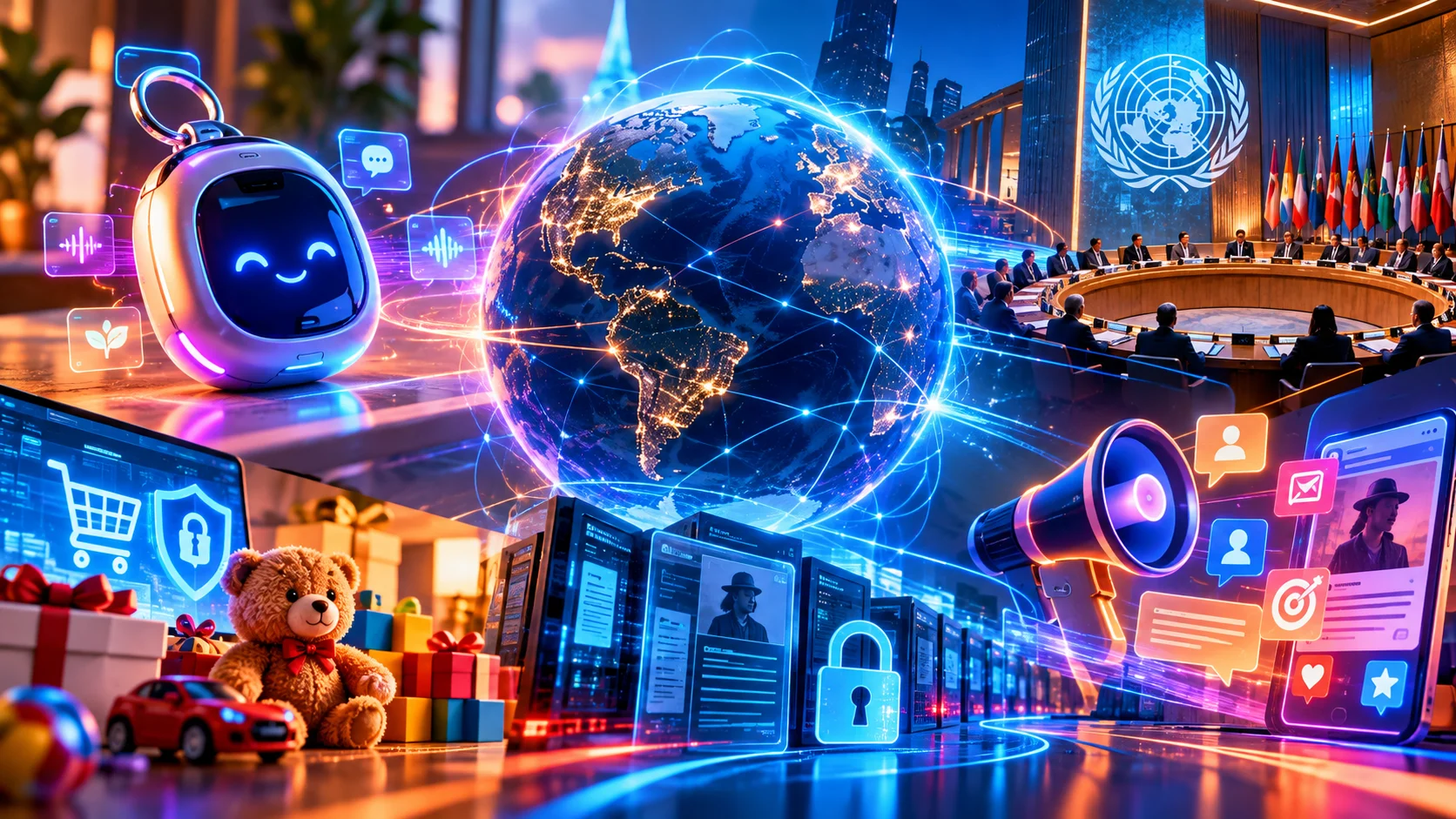 Ilustração futurista e colorida reúne inteligência artificial, segurança digital, proteção de dados, comércio eletrônico e governança global em um ambiente tecnológico conectado.