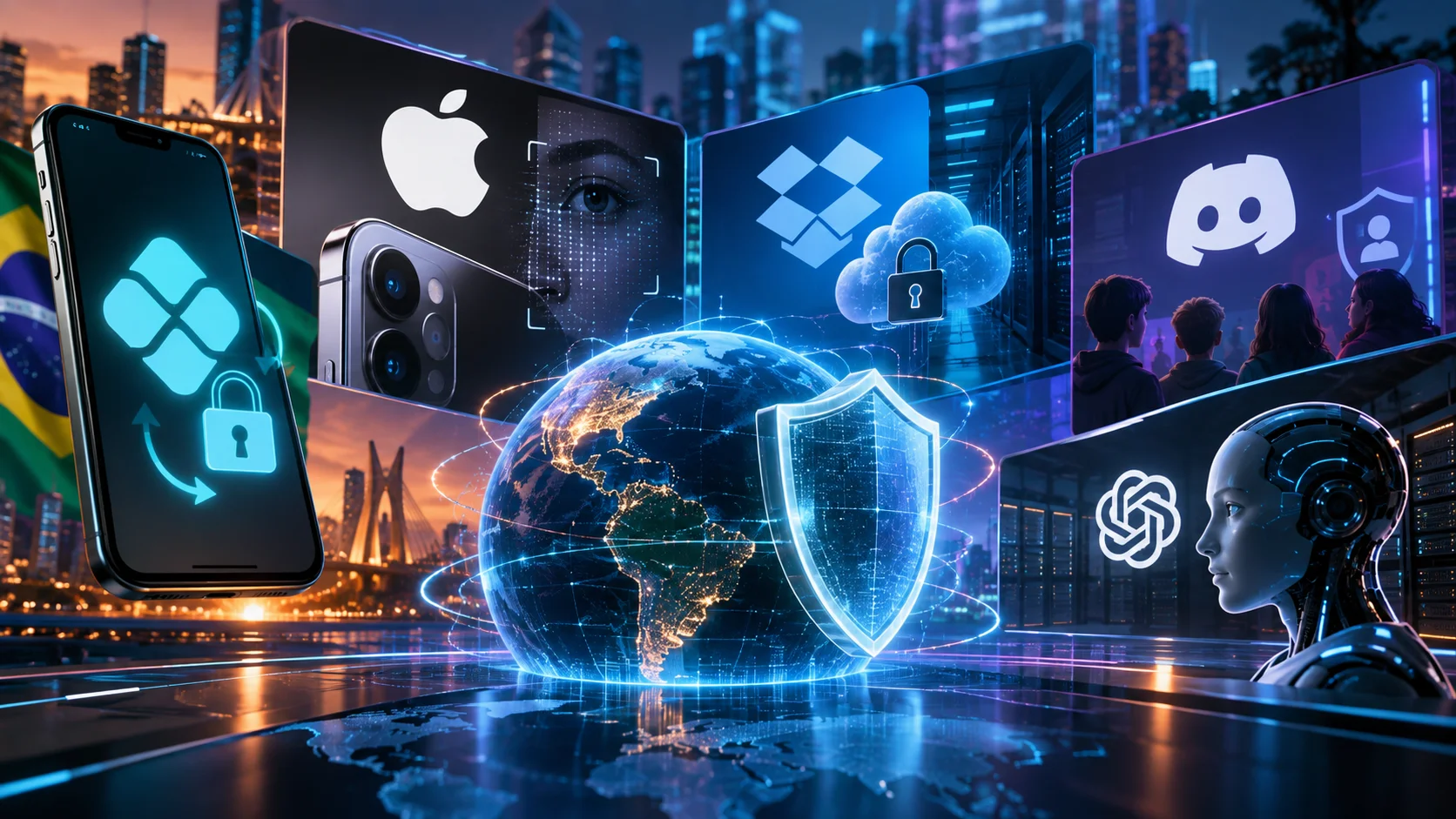 Imagem futurista sobre tecnologia, privacidade e segurança digital, reunindo referências ao Pix, Apple, Dropbox, Discord e inteligência artificial, com elementos de autenticação biométrica, computação em nuvem, cibersegurança e proteção de dados em um cenário tecnológico de cores vibrantes.