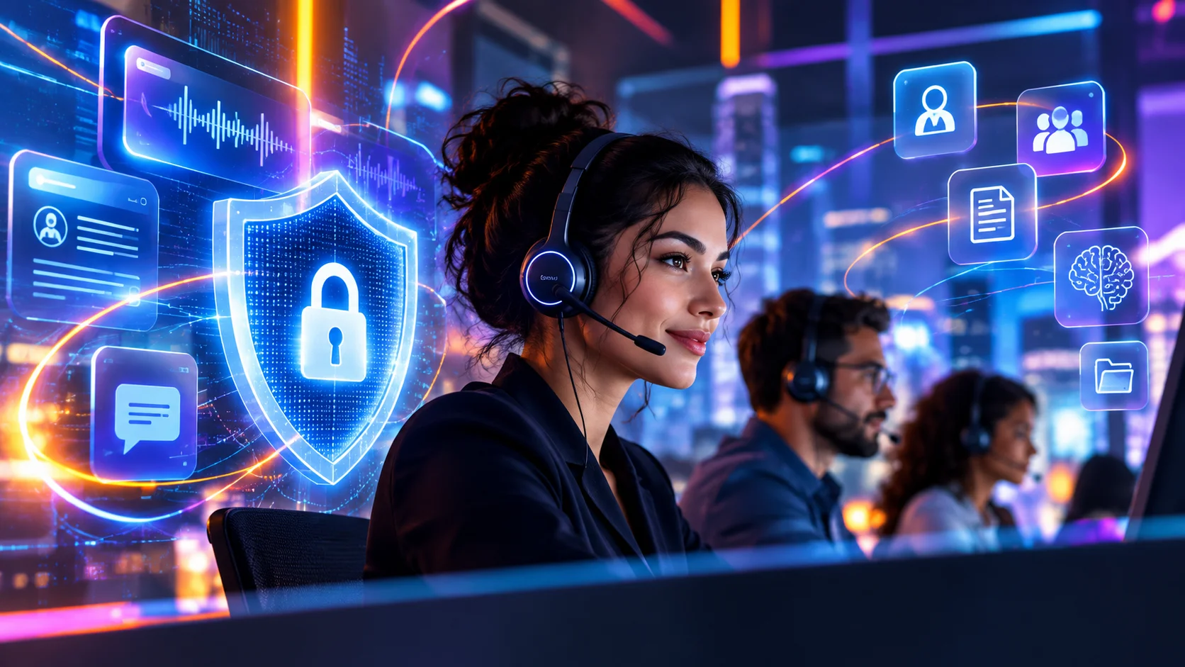 Equipe de atendimento ao cliente em ambiente futurista, cercada por interfaces digitais que representam proteção de dados, inteligência artificial, segurança da informação e gestão responsável das informações no SAC.