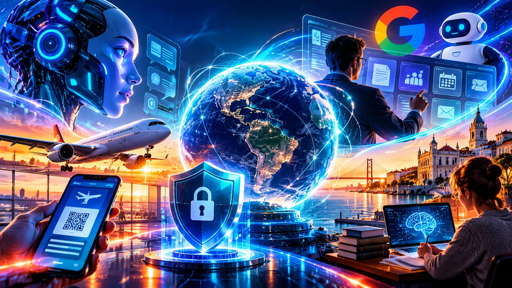 Ilustração futurista e vibrante que conecta inteligência artificial, proteção de dados, segurança digital, viagens, ambiente corporativo e educação em um cenário tecnológico global.