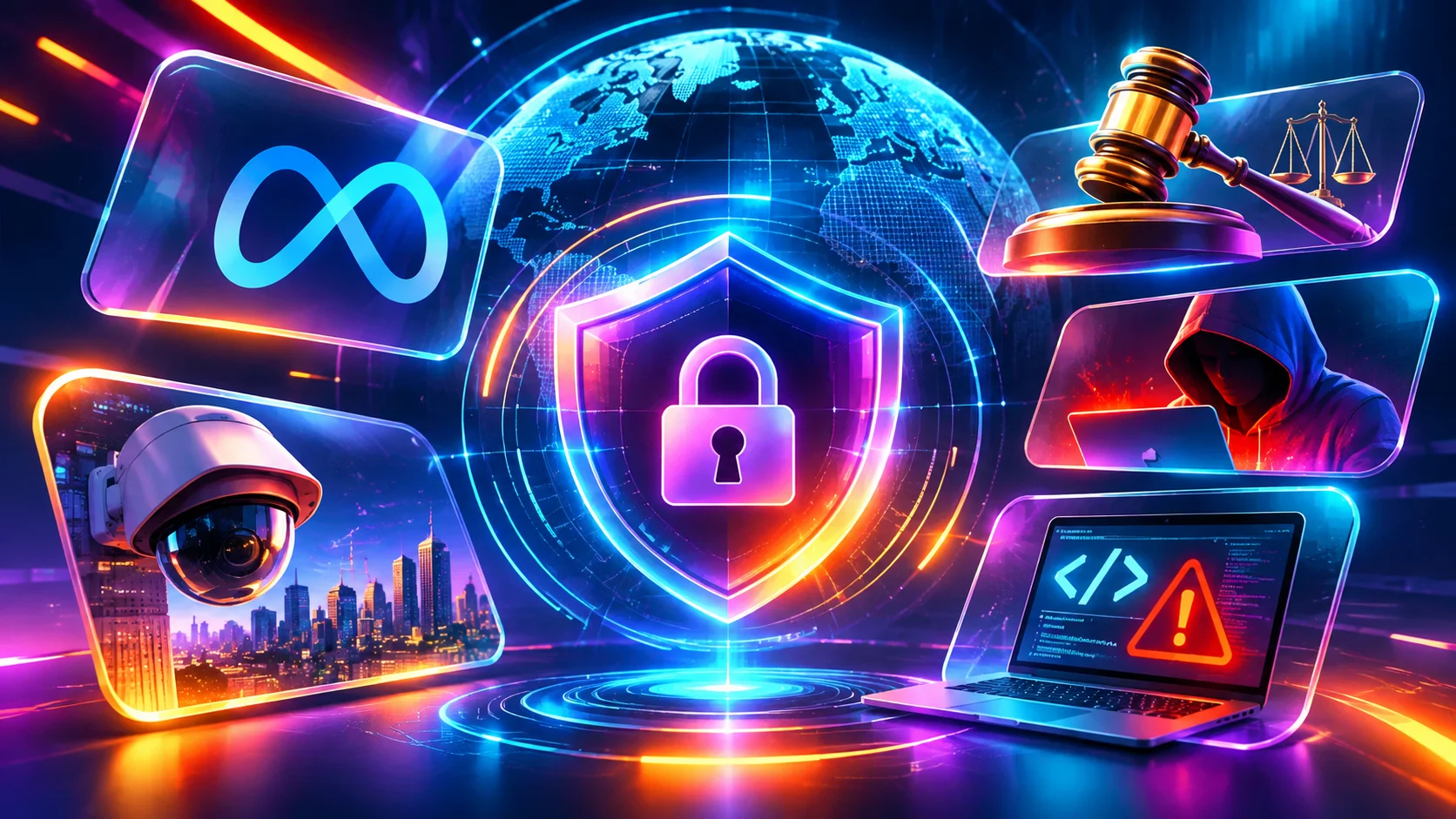 Ilustração futurista sobre privacidade, proteção de dados e segurança digital, com escudo holográfico, inteligência artificial, ataques cibernéticos, vigilância digital e regulação tecnológica, em cores vibrantes e efeitos neon.