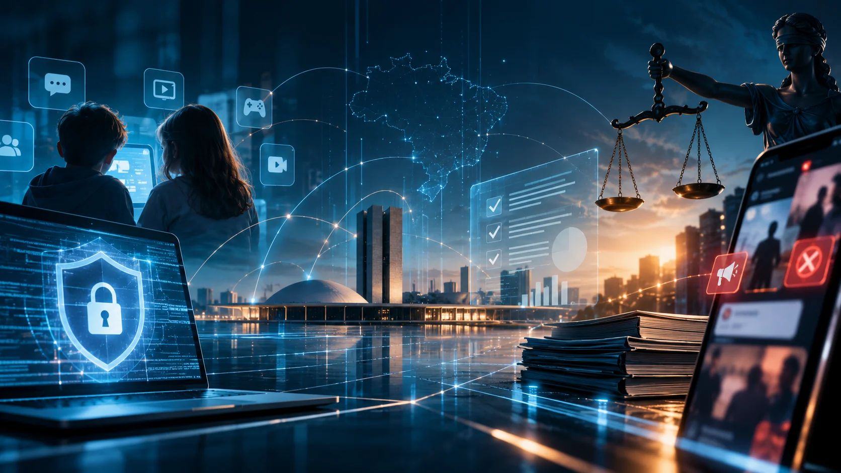 Capa futurista que representa os avanços na proteção de dados pessoais, a segurança digital de crianças e adolescentes, a fiscalização da ANPD e a responsabilidade das plataformas digitais.