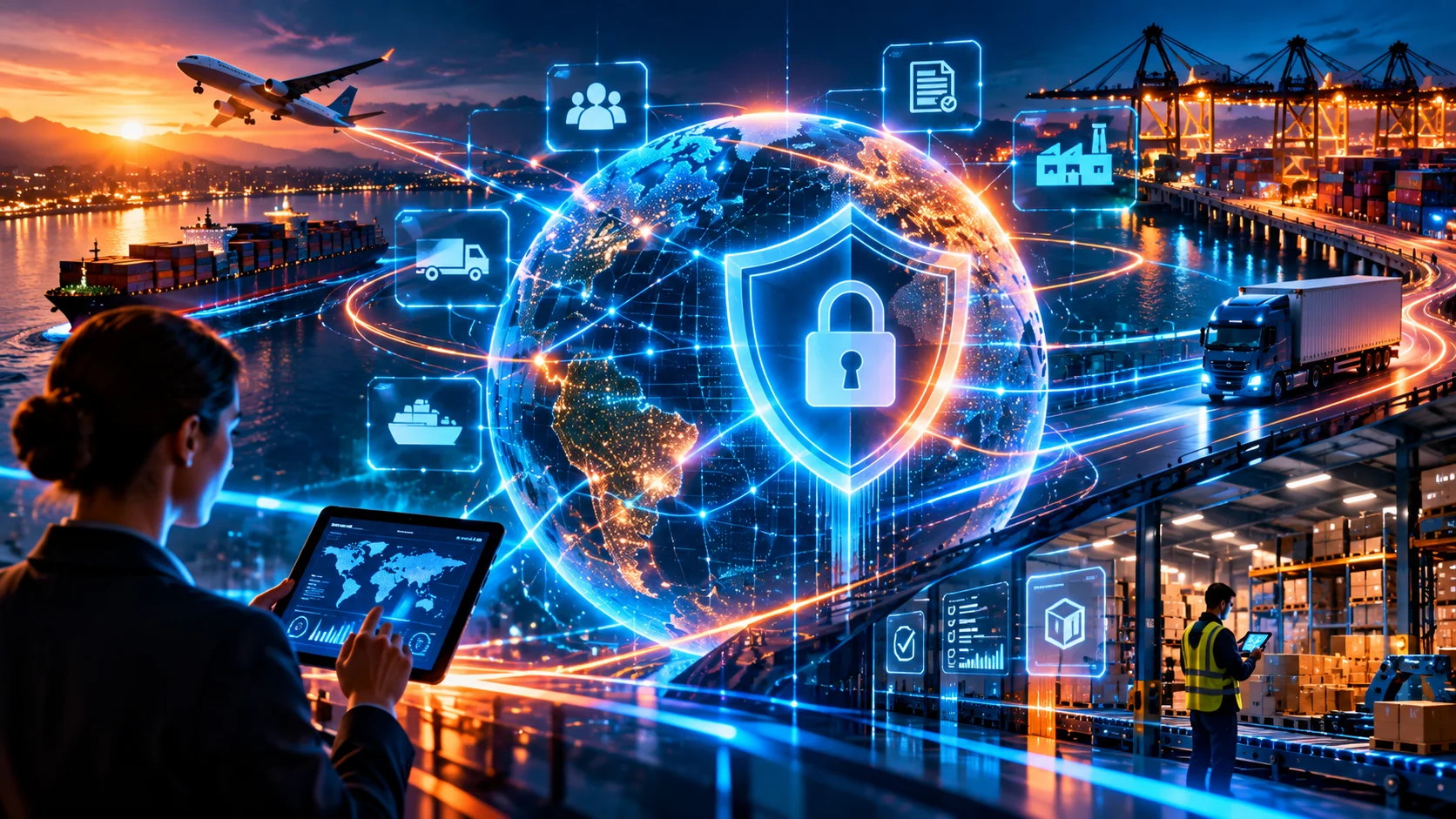 Ilustração futurista sobre LGPD em Compras e Supply Chain, destacando a proteção de dados pessoais, a segurança da informação e a gestão de riscos na cadeia global de fornecedores.