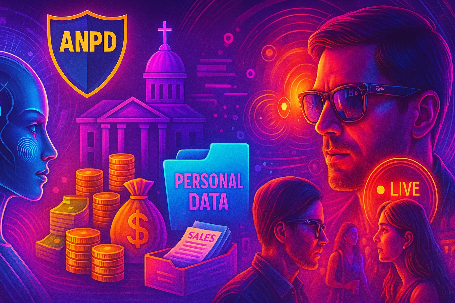 Imagem futurista mostra a ANPD diante de temas como biometria, venda de dados, isenção institucional e vigilância abusiva, com destaque para um homem com óculos filmando mulheres em tempo real.