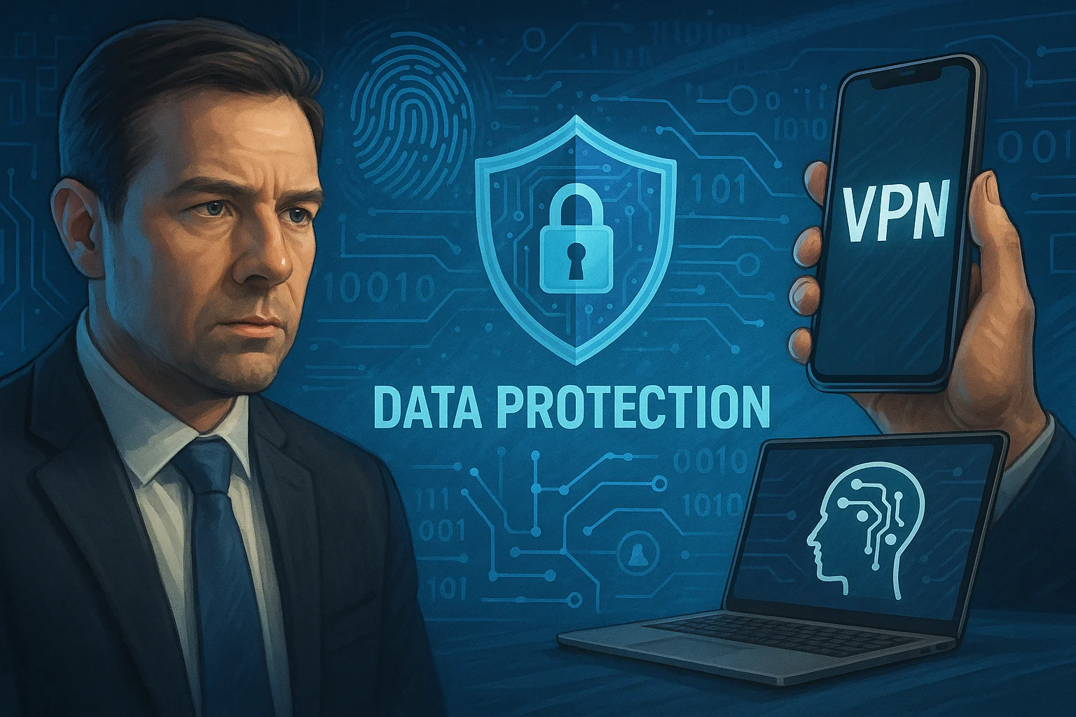 Imagem futurista e colorida mostrando um profissional diante de símbolos digitais de segurança, como cadeado, VPN e inteligência artificial, representando proteção de dados e privacidade online.