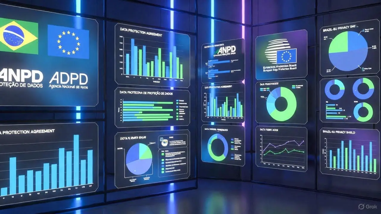 Painel digital futurista com múltiplas telas holográficas exibindo gráficos de dados em tons de azul e verde. Ao centro, bandeiras do Brasil e da União Europeia conectadas por fluxos luminosos, com logos da ANPD (Agência Nacional de Proteção de Dados) e EDPB (European Data Protection Board). Textos destacam "Data Protection Agreement", "Adequação Mútua Brasil UE", "LGPD", "GDPR" e "Transferência Internacional Simplificada". Imagem representa o avanço na adequação de proteção de dados entre Brasil e União Europeia.