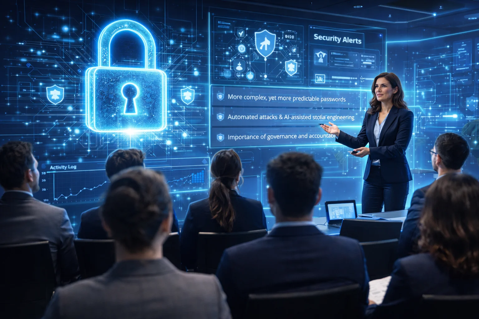 A imagem mostra uma palestra abordando os riscos de senhas que são padronizadas, abordando a cibersegurança