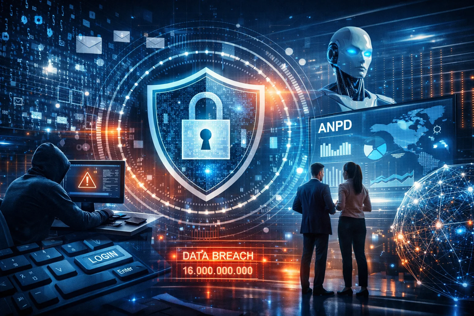 Ilustração futurista sobre proteção de dados e cibersegurança, mostrando um escudo digital com cadeado simbolizando a LGPD, telas com gráficos da ANPD, referência a grande vazamento de dados, inteligência artificial e profissionais analisando informações em um ambiente tecnológico global.