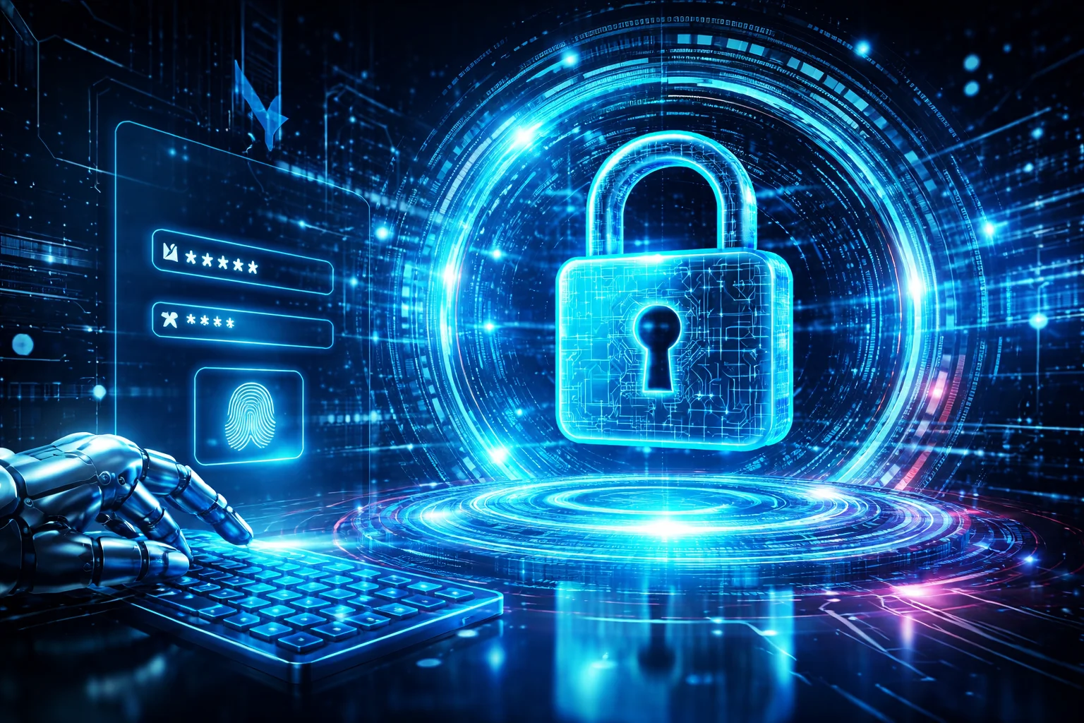 DPO as a Service informa que a imagem retrata o tema do artigo, com cadeados e teclados em tons azulados.