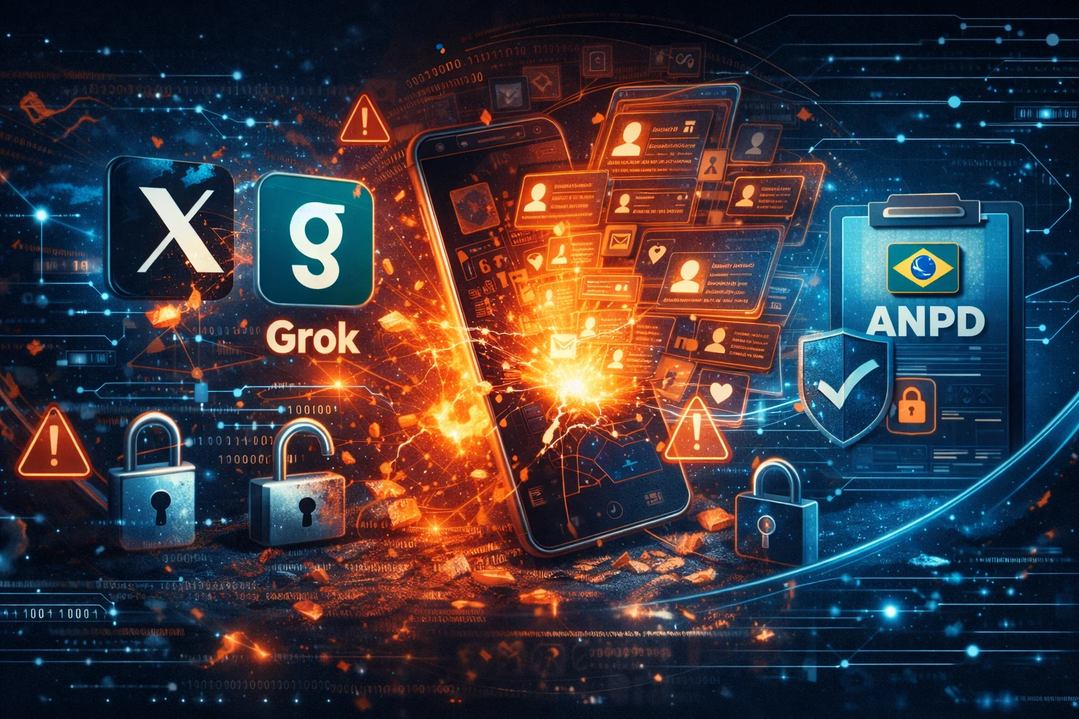 Cadeados e logos futuristas que englobam o tem: Vazamento e uso indevido de dados pessoais em aplicativos: o caso X, Grok e a atuação da ANPD